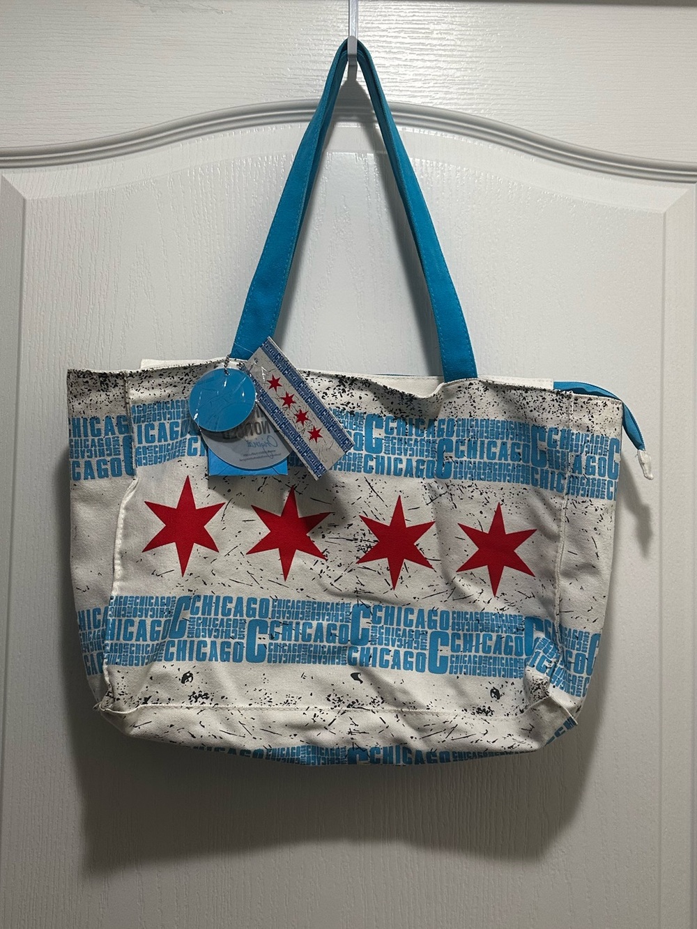Chicago Flag Tote Bag with Blue Handles
